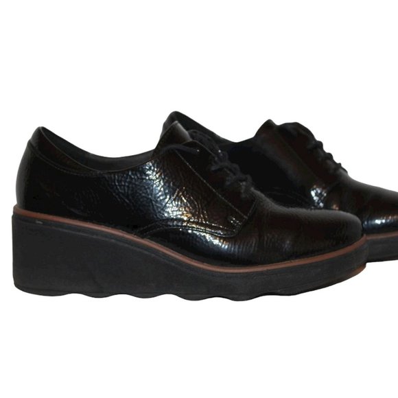 Clarks Collection Shoes - CLARKS COLLECTION Womens Black Patent Pebbled Leather Wedge SHOES Lace-up ~Sz 6M